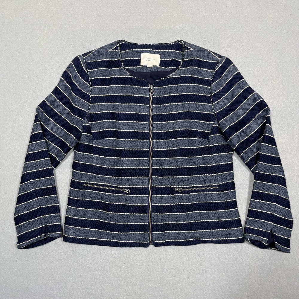 Ann Taylor Loft Jacket Women 4 Zip Up Collarless Stripe Navy Grey Minimalist